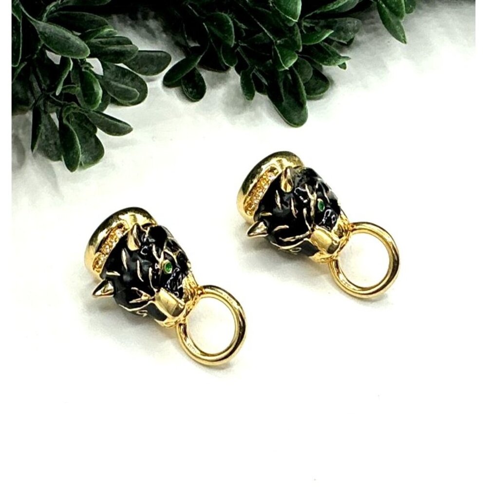 Vintage Gold Tone and Black Enamel Panther Head Earrings